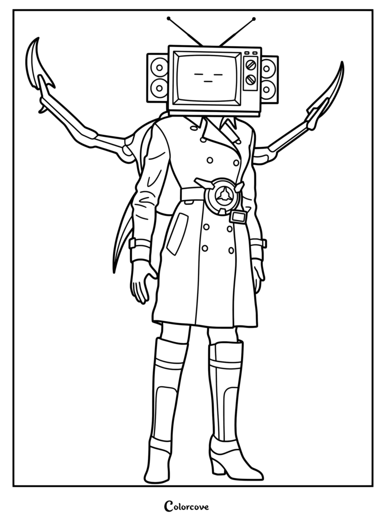 TV Woman from Skibidi Toilet with a television head, trench coat, and mechanical arms in a printable coloring page format.