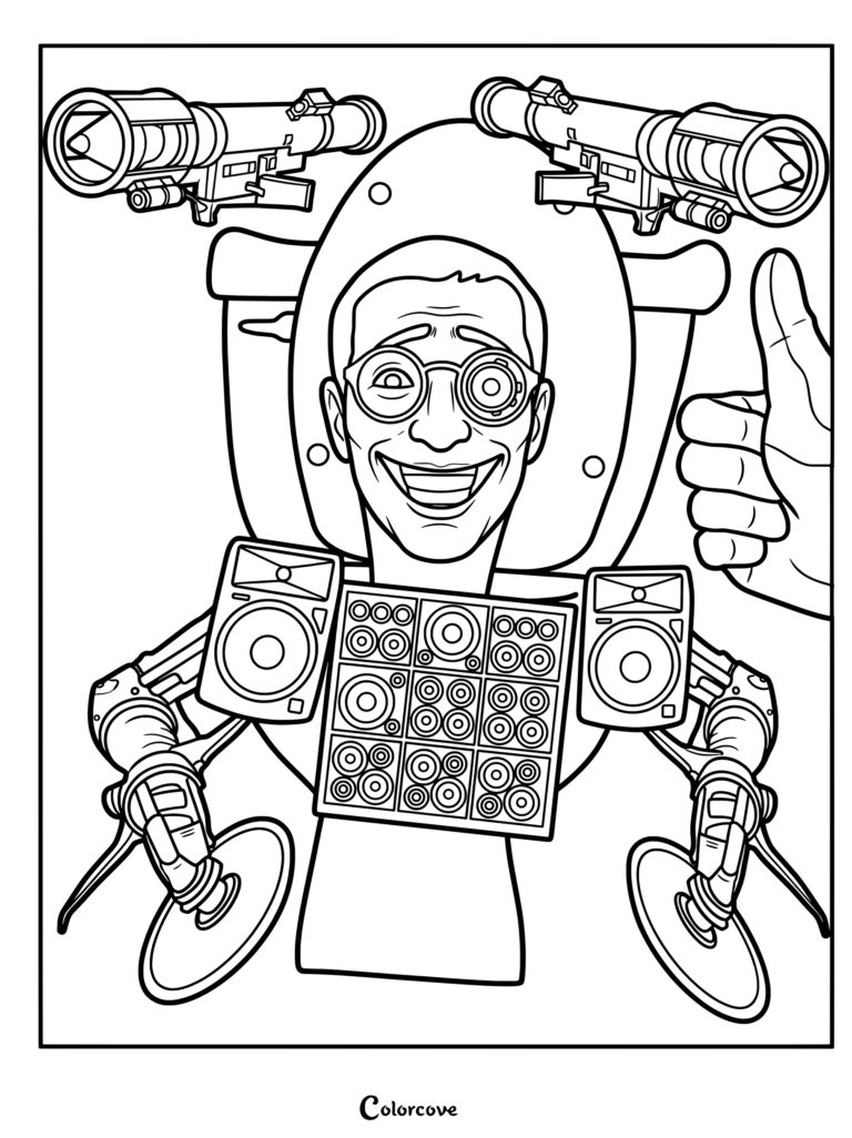 Upgraded giant Skibidi Toilet with missile launchers, speaker chest plate, and mechanical arms in a printable coloring page.