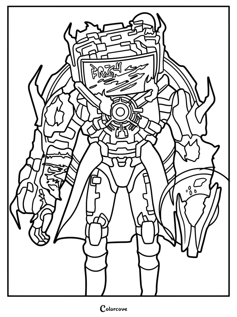 A detailed coloring page of the Watchman of Doom character from Skibidi Toilet, featuring a mechanical screen head, armored body, and battle-worn textures.
