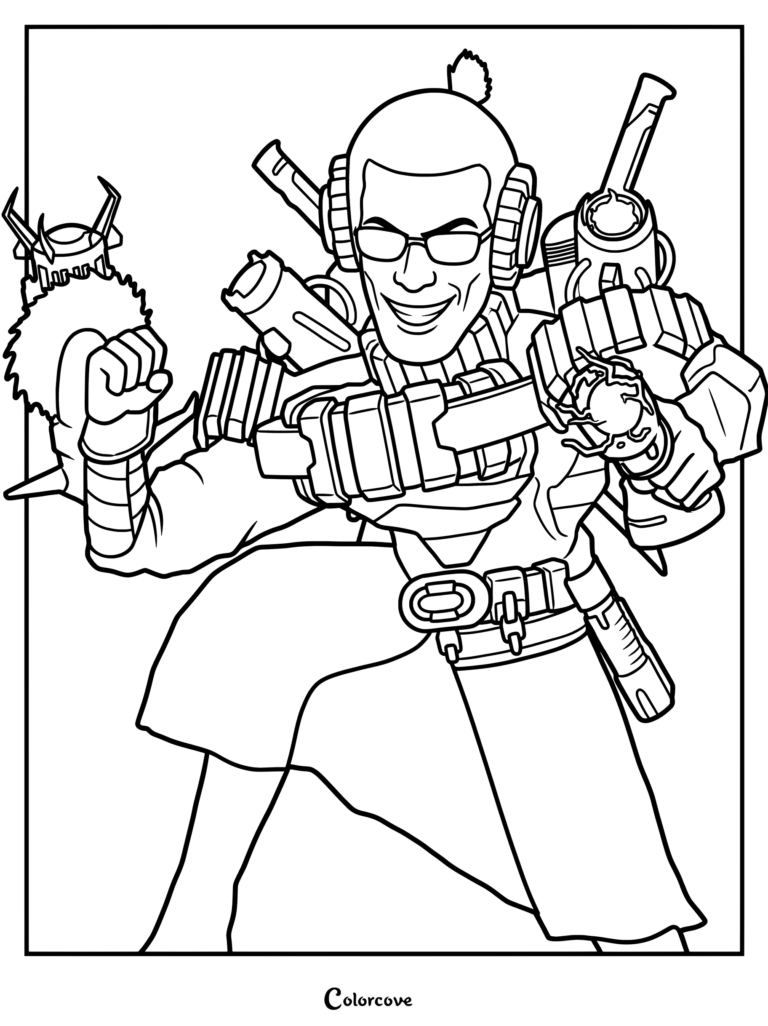 A detailed coloring page of the Buzzsaw Skibidi Mutant character featuring mechanical arm attachments and tactical gear.