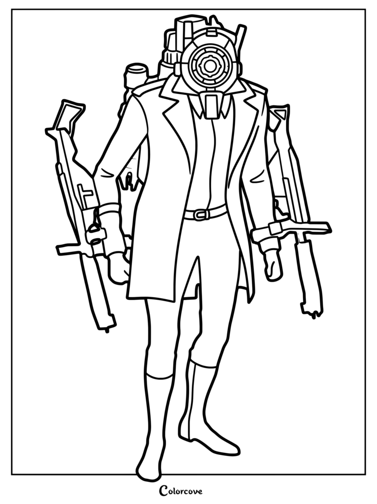 Camerawoman from Skibidi Toilet wearing a trench coat with dual rifles in this printable line art coloring page.