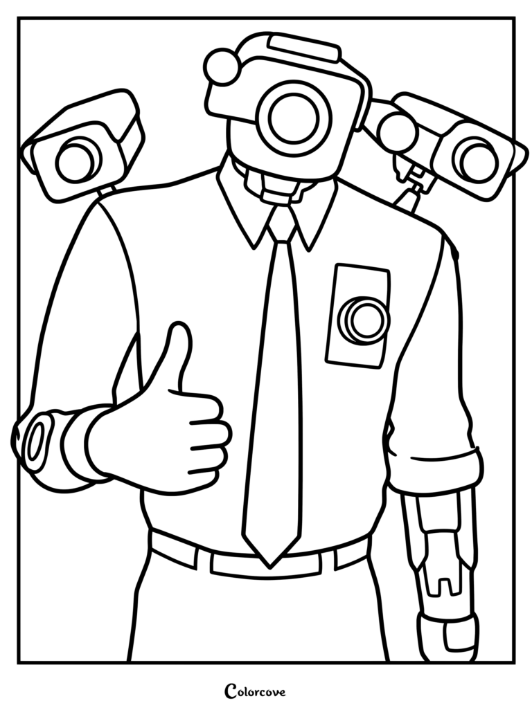 Chief Scientist Cameraman with multiple camera lenses and a mechanical arm giving a thumbs up in this coloring page.