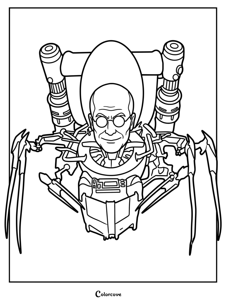 Chief Scientist Skibidi Toilet with mechanical spider legs and goggles in a detailed line art coloring page.