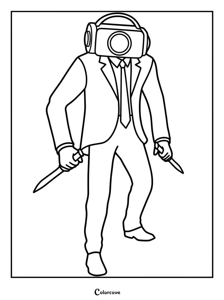 Dark Speakerman character from Skibidi Toilet holding two knives in a black and white line art coloring page.