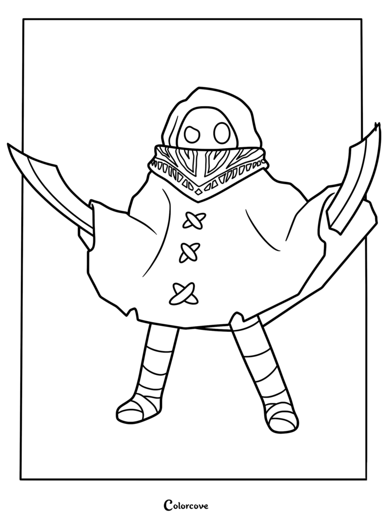 Bob Bobowski from SMG4 wearing a hooded cloak and patterned scarf while holding two swords in this printable coloring page.