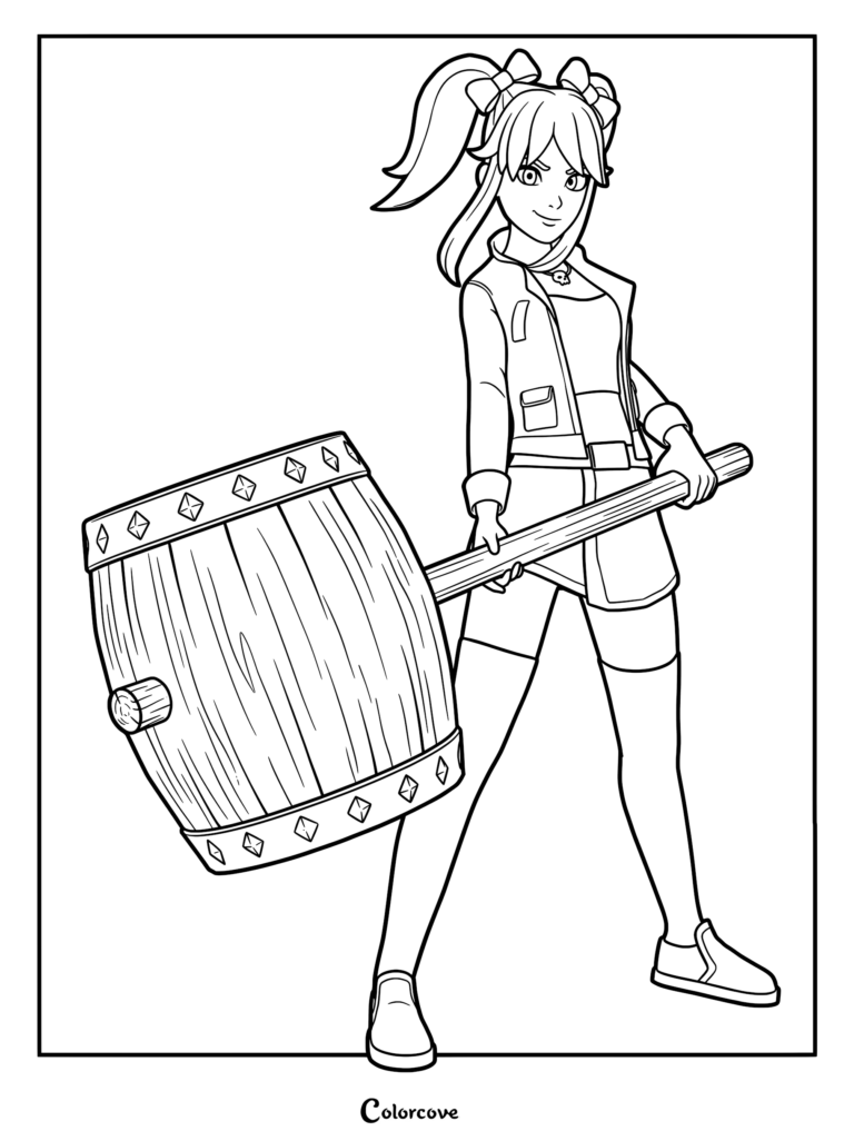 Saiko Bichitaru from SMG4 holding her signature large wooden hammer in a printable coloring page format.