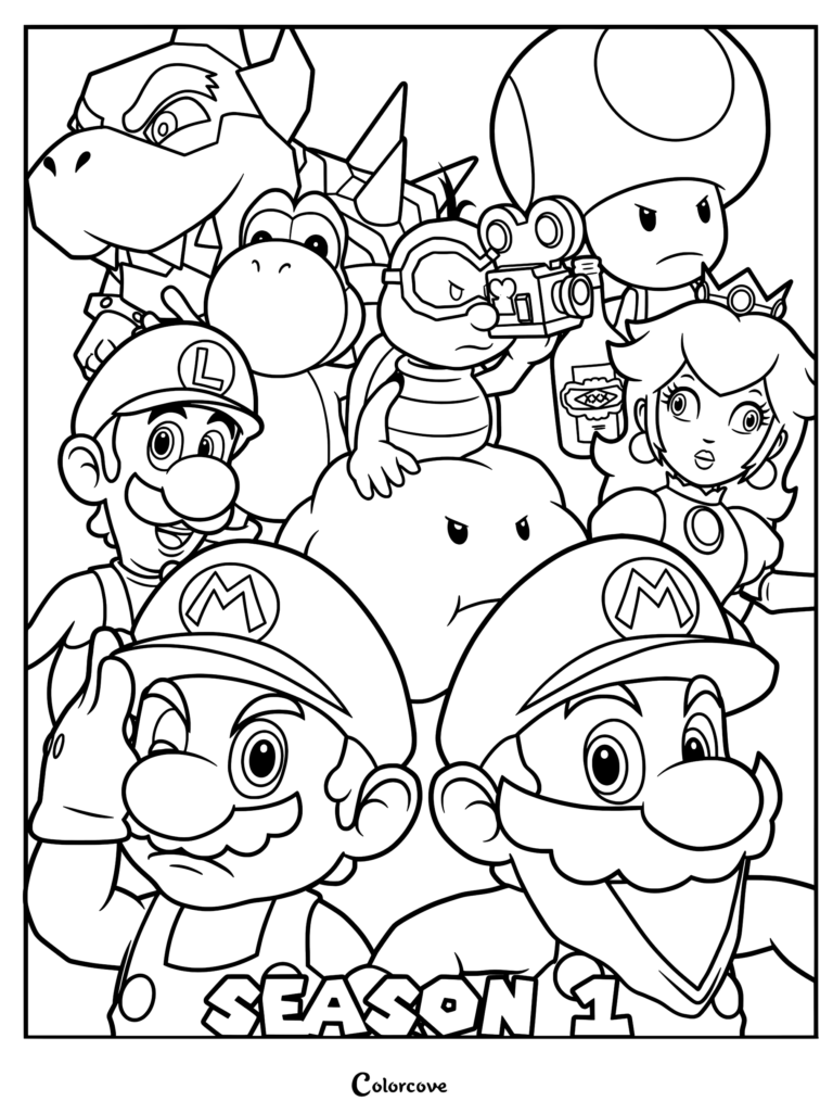 SMG4 Season 1 poster coloring page featuring Mario, Luigi, Peach, Toad, Bowser, Yoshi, and Lakitu with a camera.