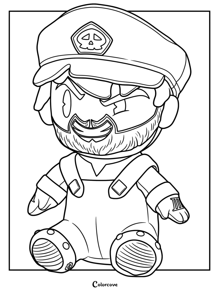 A detailed SMG3 plush coloring page featuring the character wearing his signature skull-emblem cap and overalls with a Roman numeral III on his glove.