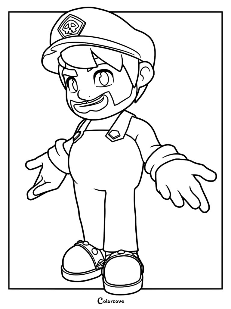 SMG3 wearing his signature skull-emblem cap and overalls in a printable coloring page format.