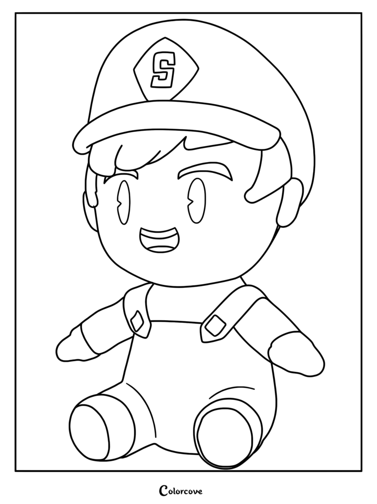 A line art coloring page of the SMG4 plush character wearing his signature cap with an S emblem and overalls.