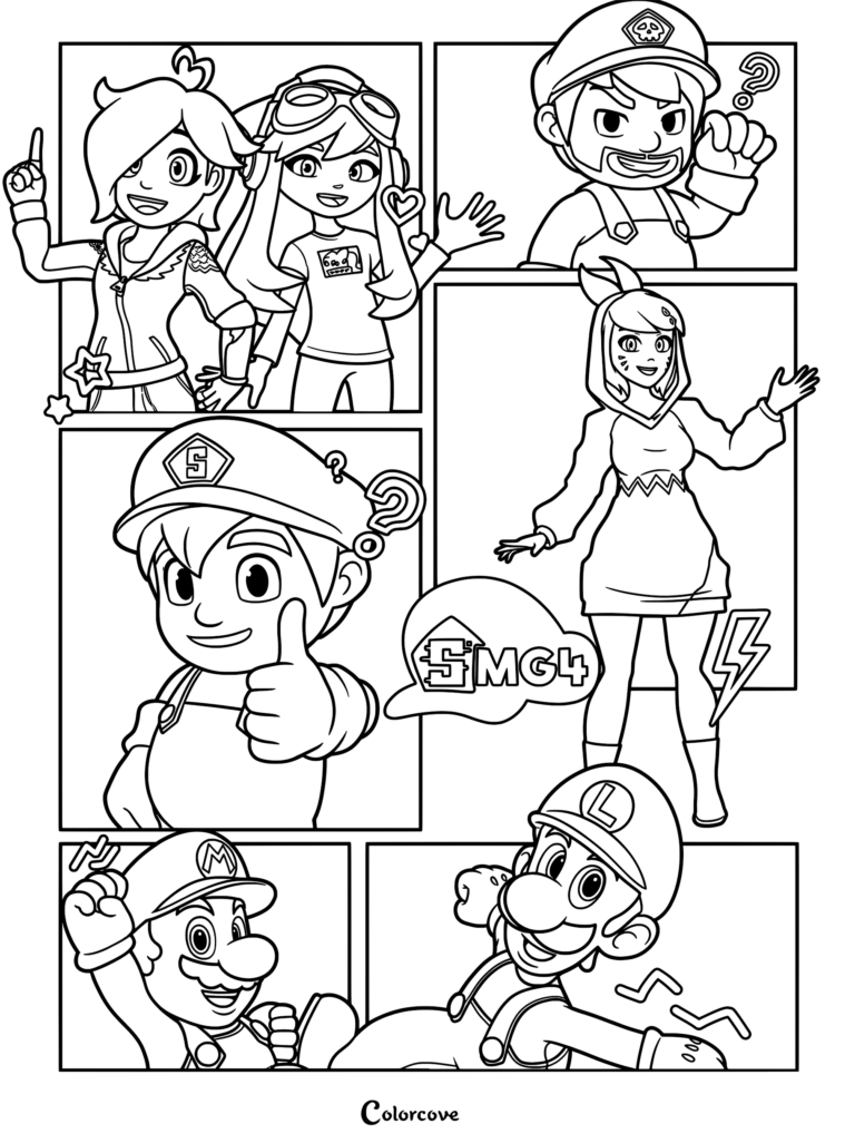 SMG4 poster coloring page featuring Tari, Meggy, SMG3, SMG4, and Mario characters in a comic book layout.