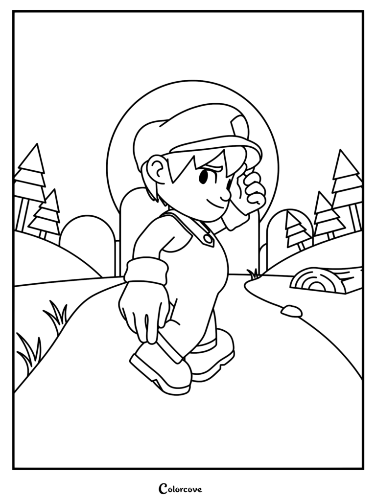 SMG4 walking away into the sunset in this SMG4 The End coloring page featuring a forest background.