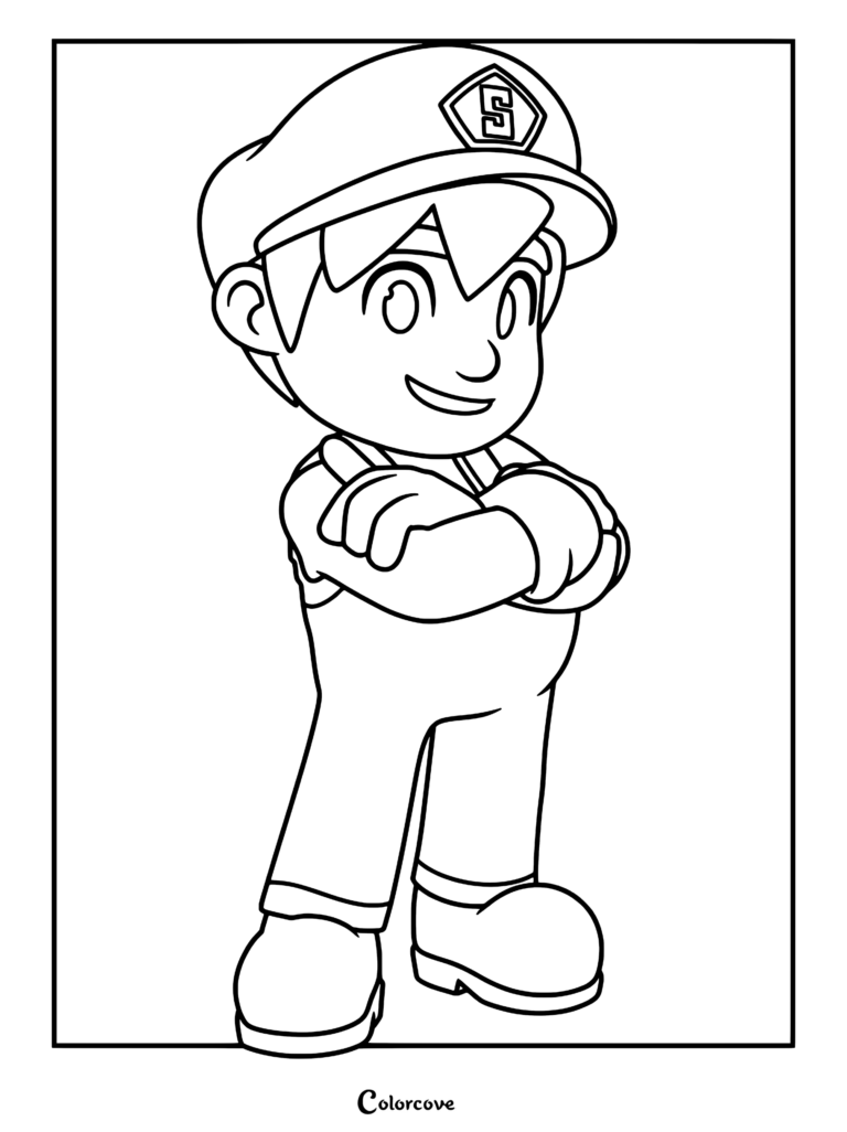 SuperMemeGuardian4 in his current design wearing an S-emblem cap and overalls, standing with arms crossed in this printable coloring page.