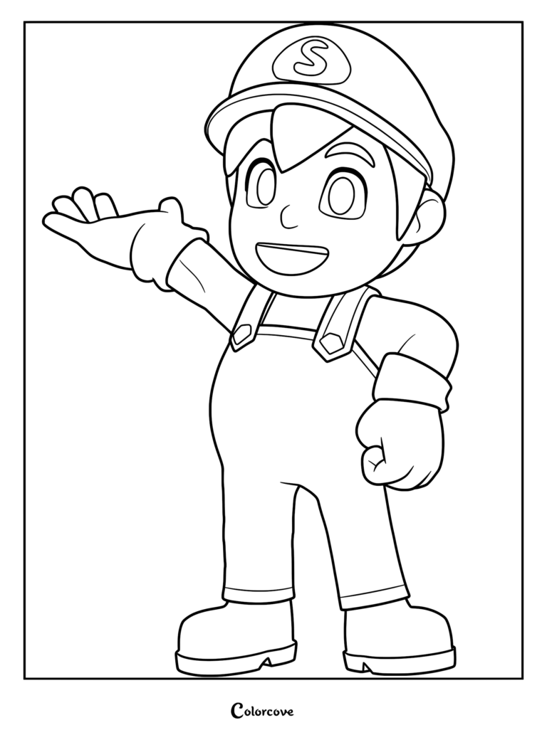 SuperMemeGuardian4 in his early redesign outfit, featuring his signature cap with an S, standing and gesturing with an open hand in this printable coloring page.