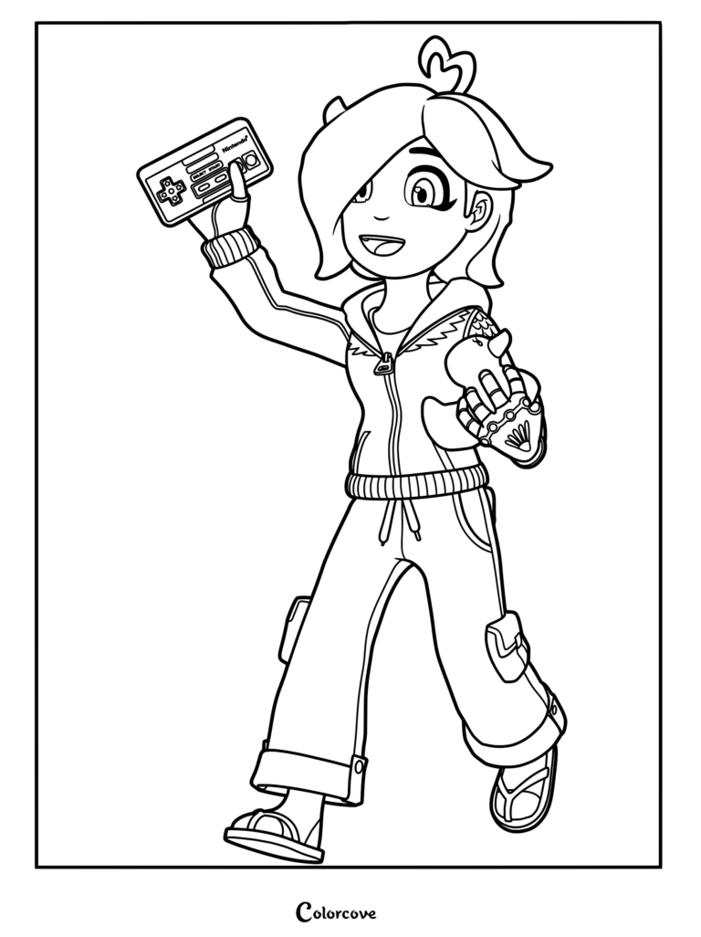 Tari from SMG4 holding a retro game controller and a rubber duck in this detailed line art coloring page.