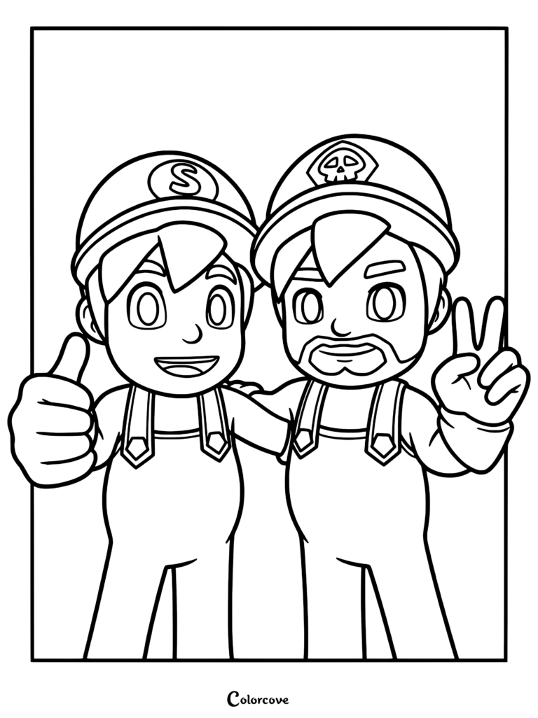 SMG4 and SMG3 posing together in a line art coloring page, with SMG4 giving a thumbs up and SMG3 making a peace sign.