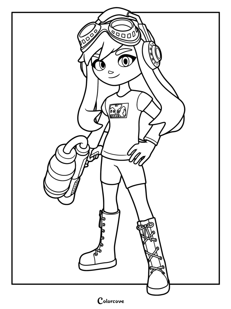 Meggy Spletzer from SMG4 wearing goggles and holding a splatter weapon in this printable coloring page.