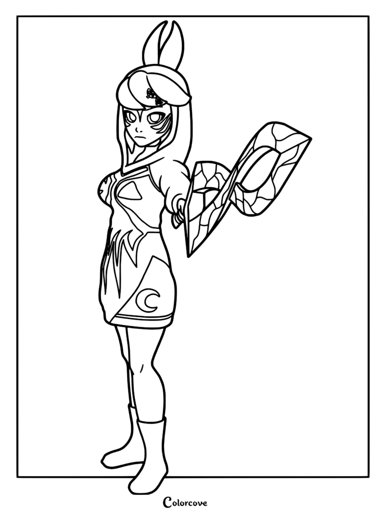 Melony from SMG4 in her Fierce Deity form holding a crystalline sword, detailed line art coloring page.
