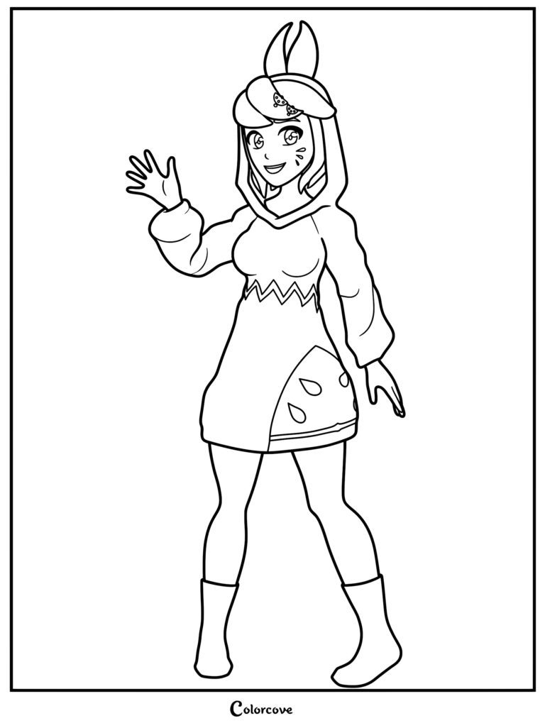Melony Melone from SMG4 waving her hand in a line art coloring page style