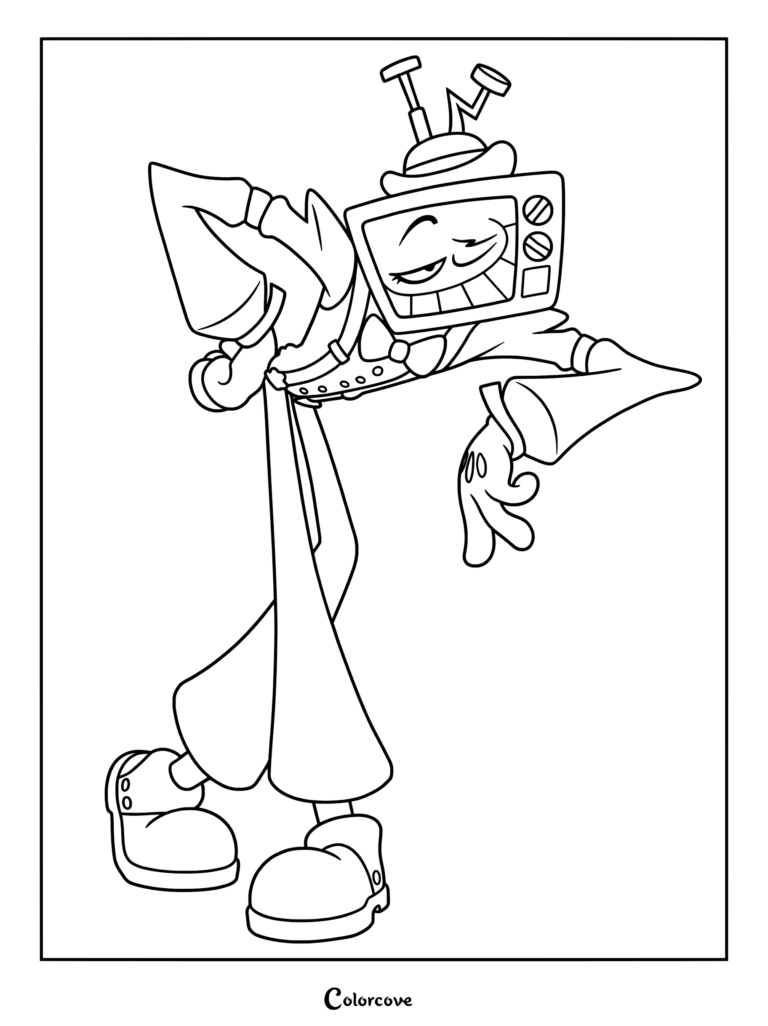Mr. Puzzles from SMG4 with a television head and bowtie in a leaning pose, printable coloring page.