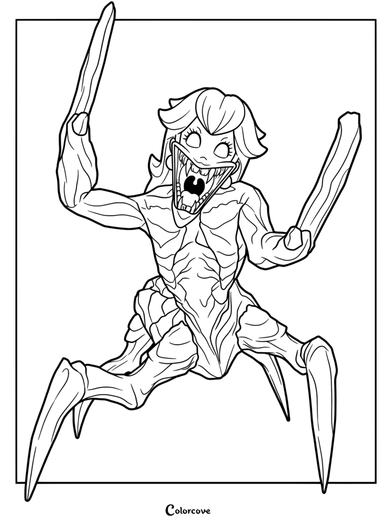 A detailed coloring page of the mutated Princess Peach Toadstool from SMG4, featuring her monstrous form with sharp claws and a wide, toothy grin.