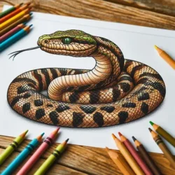 Detailed coloring page of a coiled snake with coloring pencils surrounding. Ideal for reptile and coloring enthusiasts.