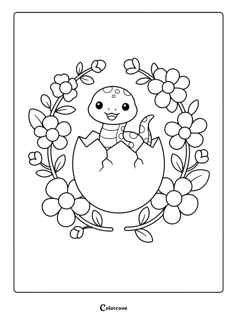 A cute baby snake hatching from a cracked egg surrounded by a floral wreath in this printable coloring page.
