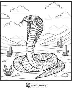 Coloring page of a cobra in a desert landscape with cacti and mountains in the background. Suitable for kids' activities.
