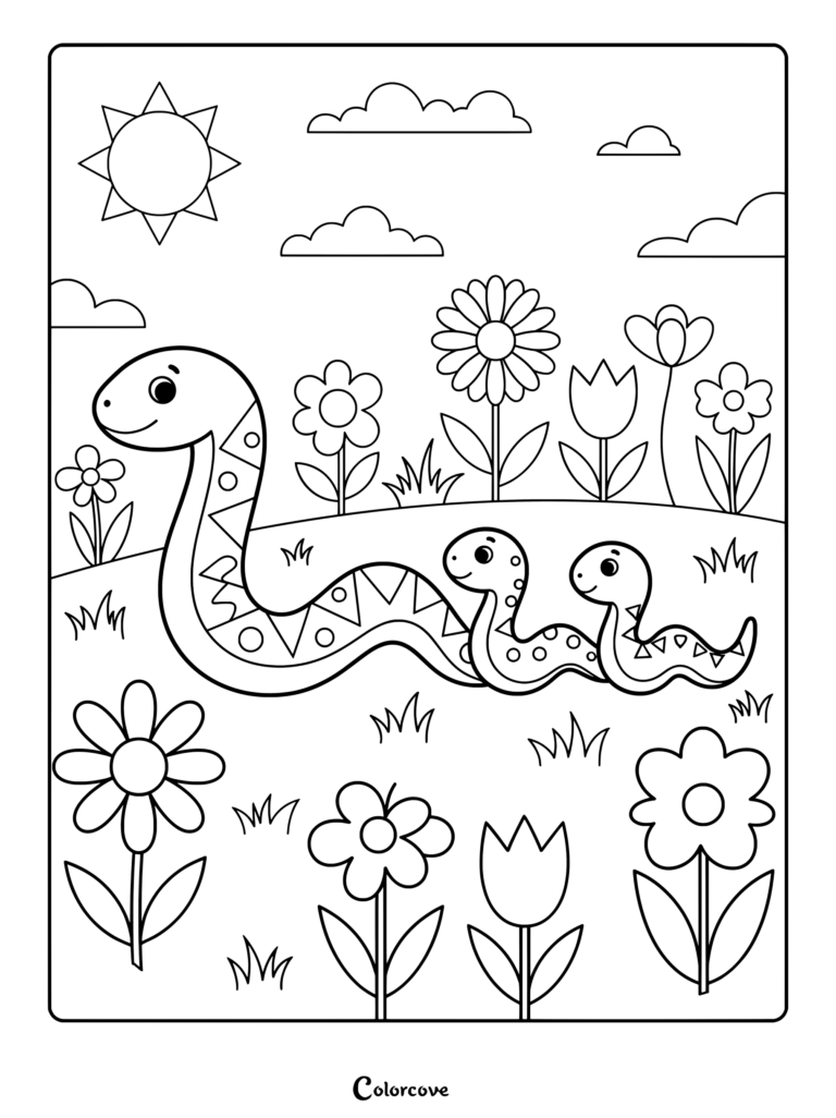 A mother snake and two baby snakes slithering through a sunny garden with flowers, a coloring page for kids.