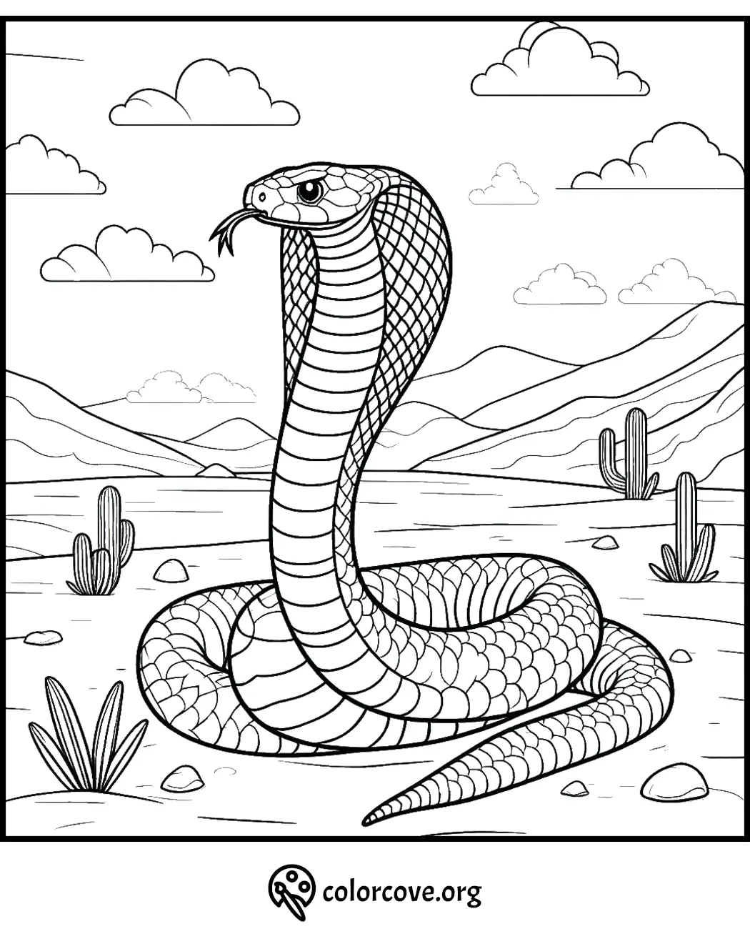 Coloring page of a cobra in a desert landscape with cacti and mountains in the background. Suitable for kids' activities.