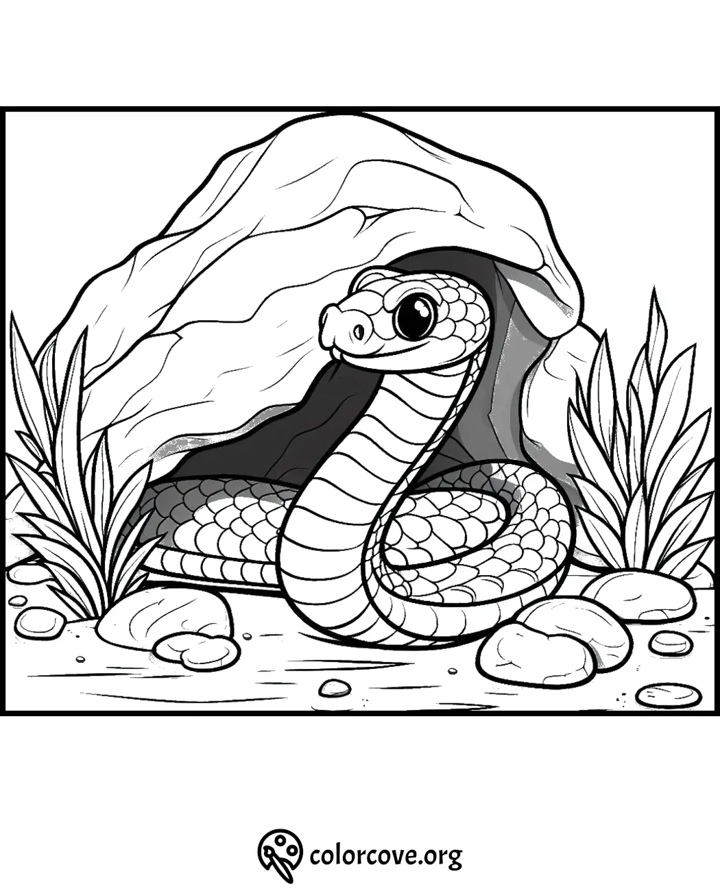 Coloring page of a smiling snake coiled in front of a rock with surrounding vegetation and stones, ready for coloring.