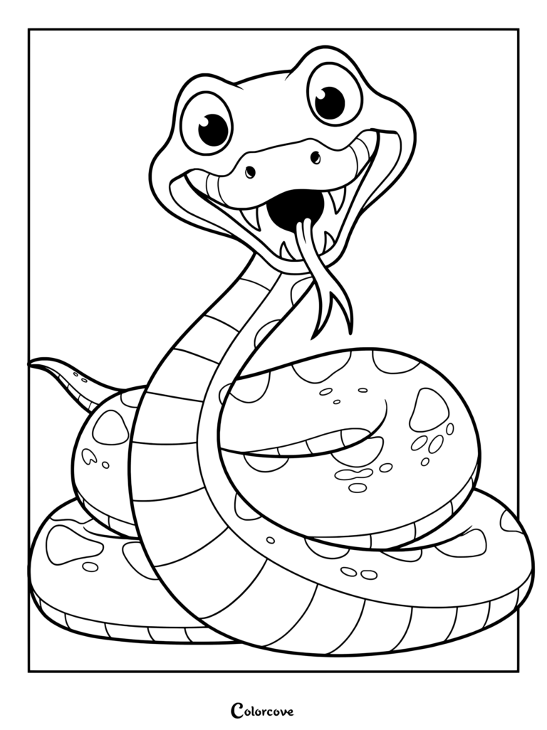 A friendly cartoon snake with large eyes and a forked tongue sticking out, presented as a printable coloring page.