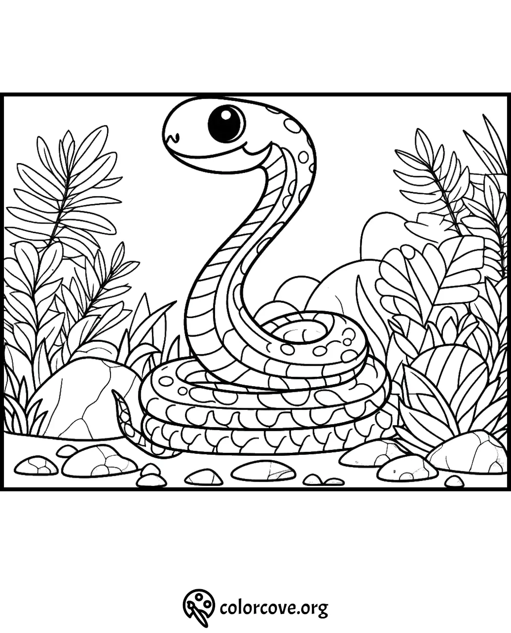 Cute snake coloring page for kids featuring a coiled snake in a jungle setting with lush plants and rocks.