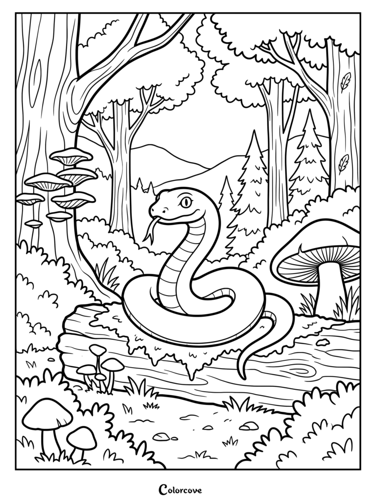 A friendly snake coiled on a fallen log in a mushroom-filled forest, detailed line art coloring page.