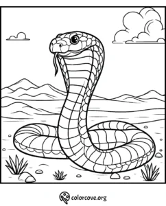Coloring page featuring a detailed illustration of a cobra in a natural desert landscape with mountains and clouds.