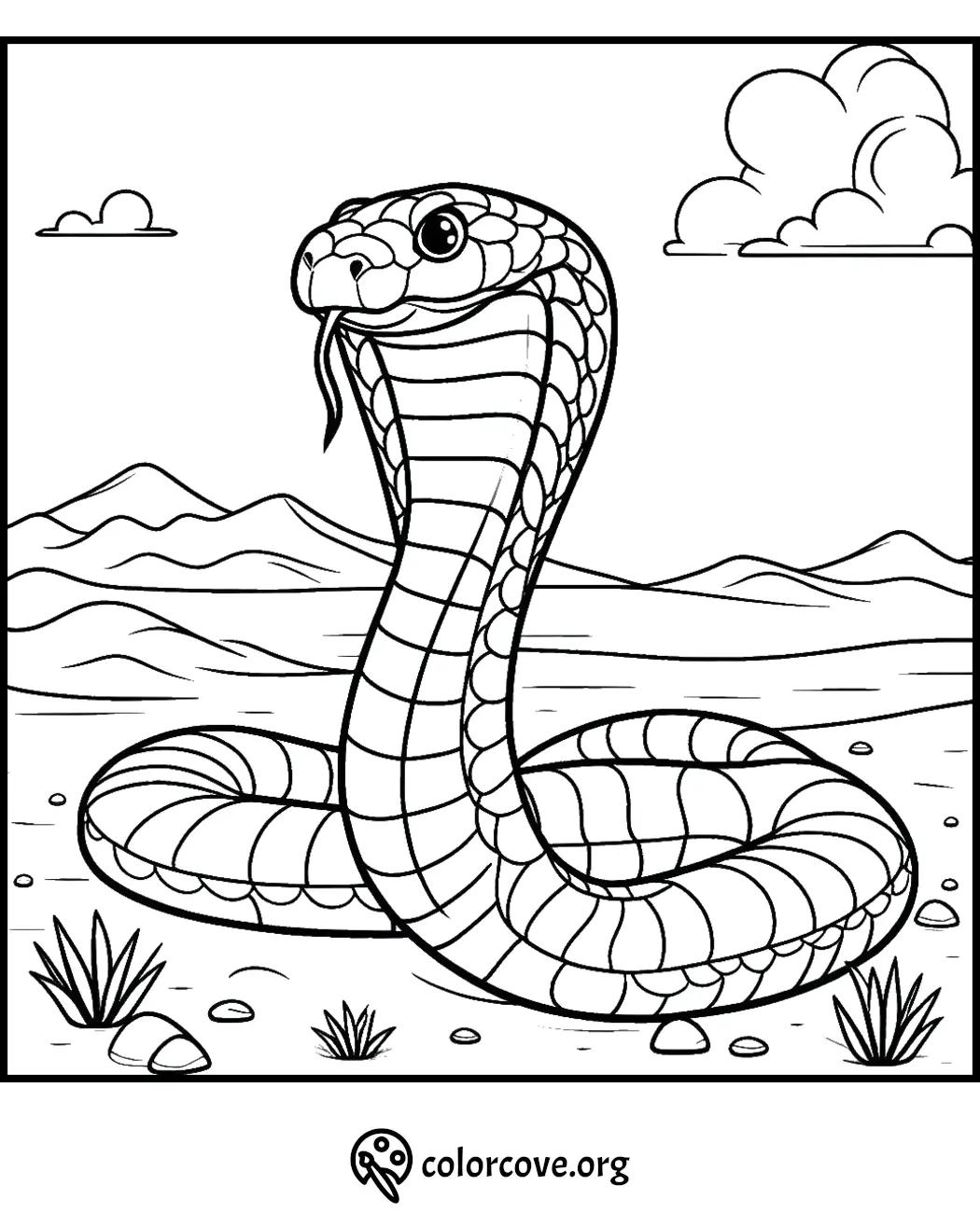 Coloring page featuring a detailed illustration of a cobra in a natural desert landscape with mountains and clouds.