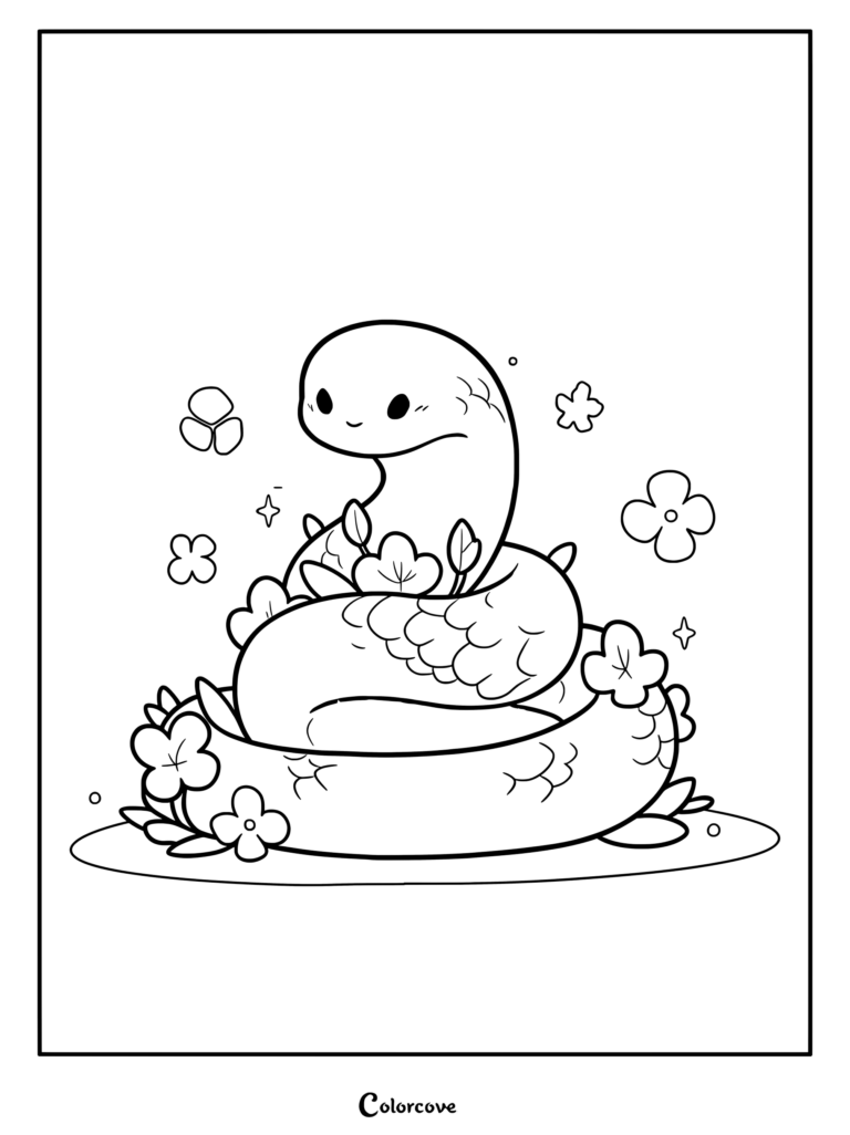 A cute snake coiled among small flowers and sparkles in this printable coloring page.
