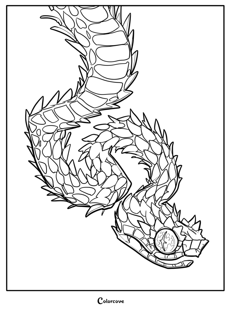 A detailed line art coloring page of a spiky bush viper snake with textured scales and a large eye.