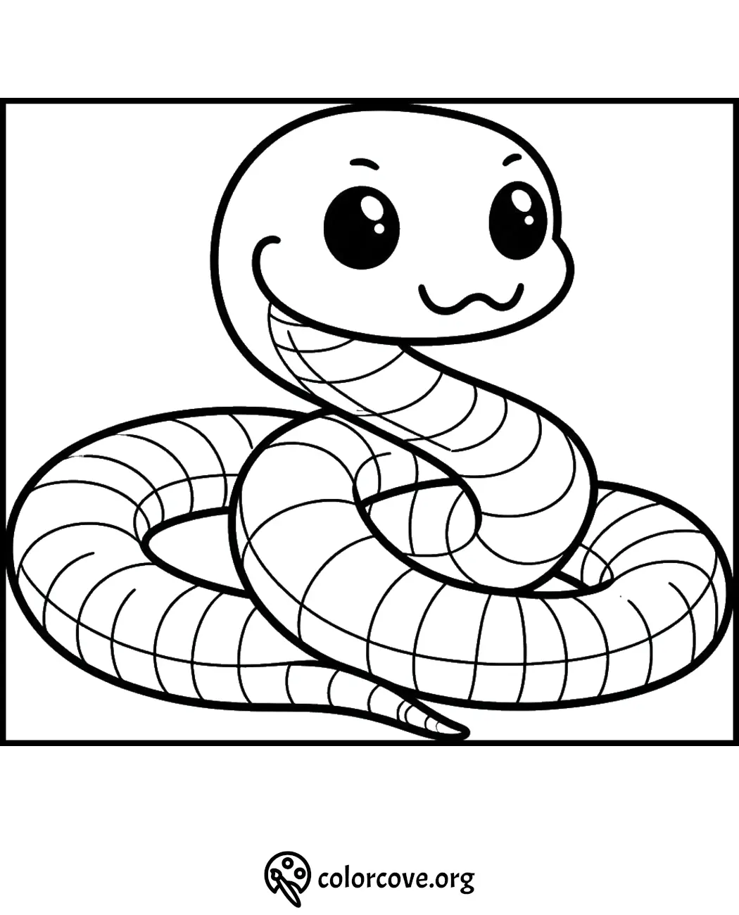 Cute cartoon snake coloring page for kids, featuring a smiling snake with big eyes. Printable fun activity from colorcove.org.