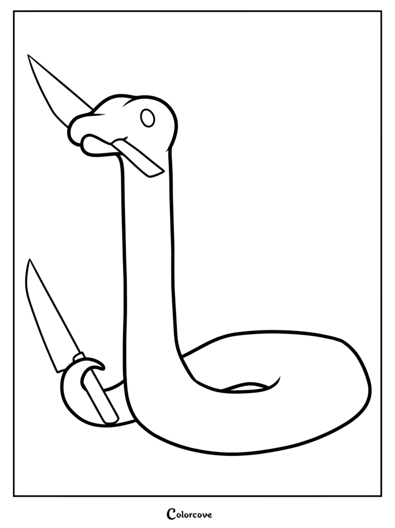 A simple line art coloring page of a snake holding one knife in its mouth and another knife with its tail.
