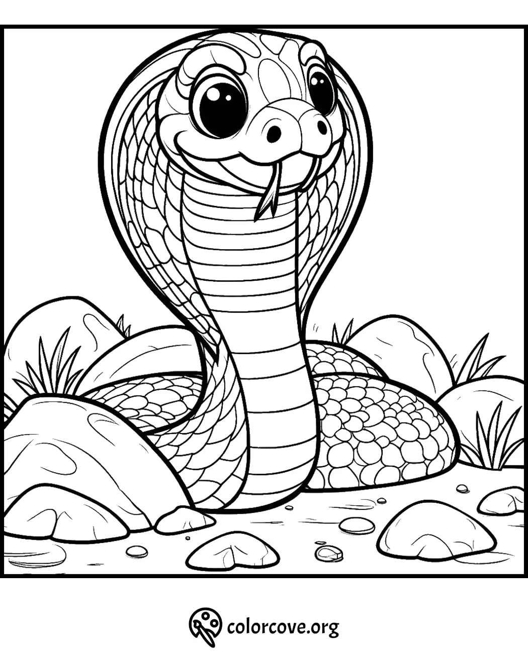 Coloring page of a cute cobra with big eyes, coiled among rocks and grass, available at colorcove.org.