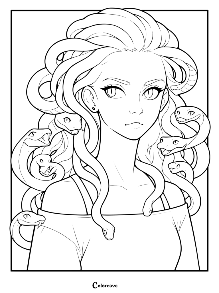 A detailed coloring page featuring Medusa with snakes for hair, showcasing intricate line art of a young woman with serpent locks.