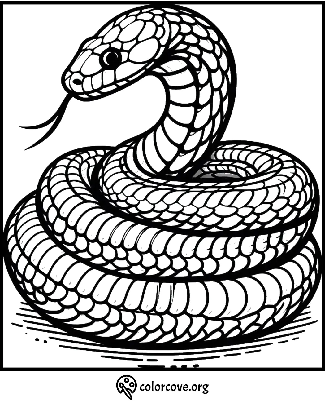 Black and white snake coloring page with intricate scales, curled in a defensive pose. Free printable from colorcove.org.