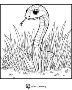 Coloring page of a snake slithering through tall grass, perfect for kids and nature-themed coloring activities.