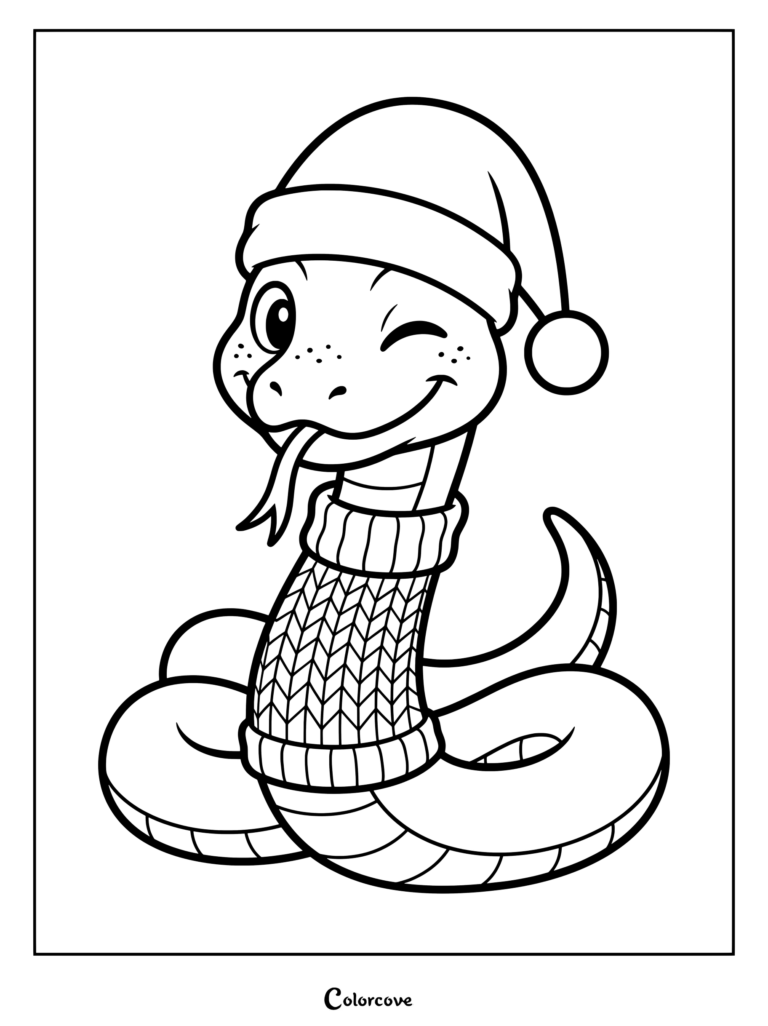 A winking snake wearing a knitted sweater and a Santa hat in this printable coloring page.