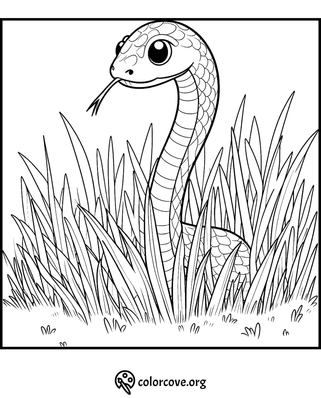 Coloring page of a snake slithering through tall grass, perfect for kids and nature-themed coloring activities.