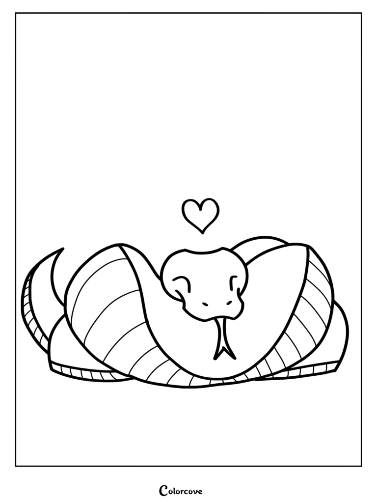 A simple line art coloring page of a friendly cobra snake coiled with a heart floating above its head.