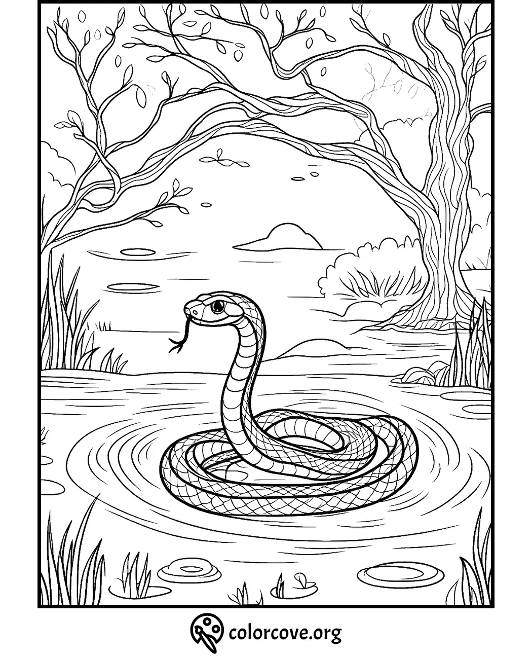 Snake in pond coloring page with trees, water, and natural scenery in the background. Printable nature scene for kids.