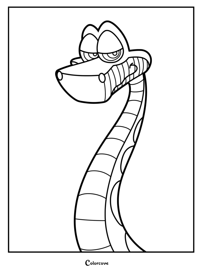 Kaa the snake with hypnotic eyes and a long patterned body in a black and white coloring page.