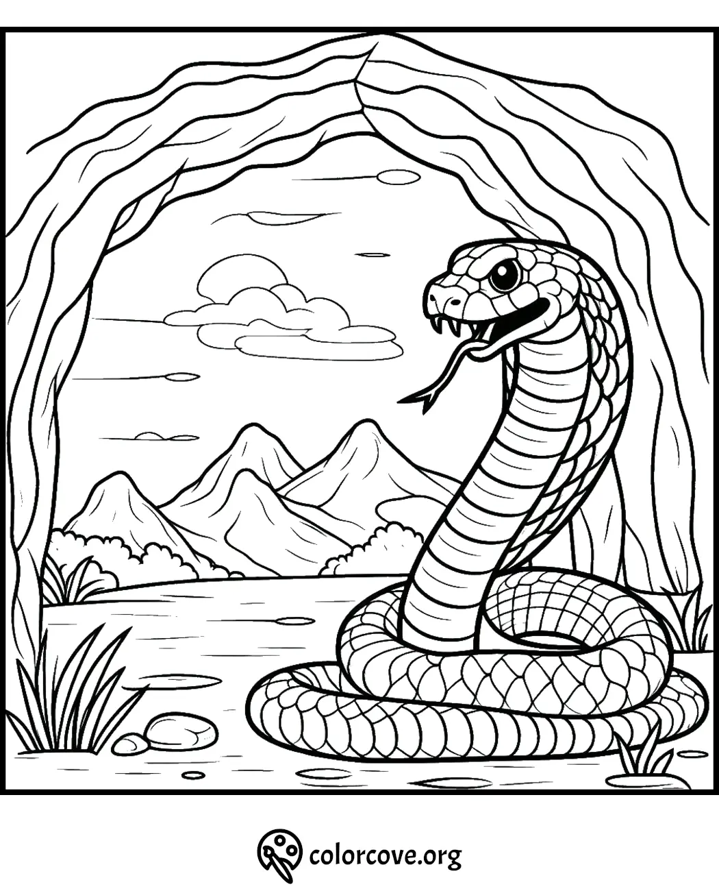 Coloring page featuring a coiled snake with open mouth in a natural landscape with mountains, rocks, and plants.